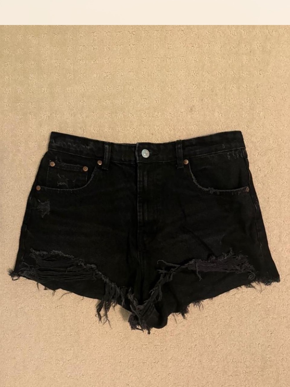Zara Black Distressed Frayed-Hem Denim Shorts